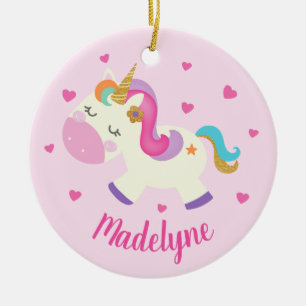 Rainbow Unicorn Glitter Christmas Pink Name Ceramic Ornament