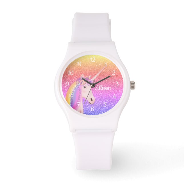 Rainbow Unicorn Glitter Personalized Womens Watch (Front)