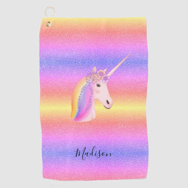 Rainbow Unicorn Glitter Sparkles Personalized Golf Towel (Front)
