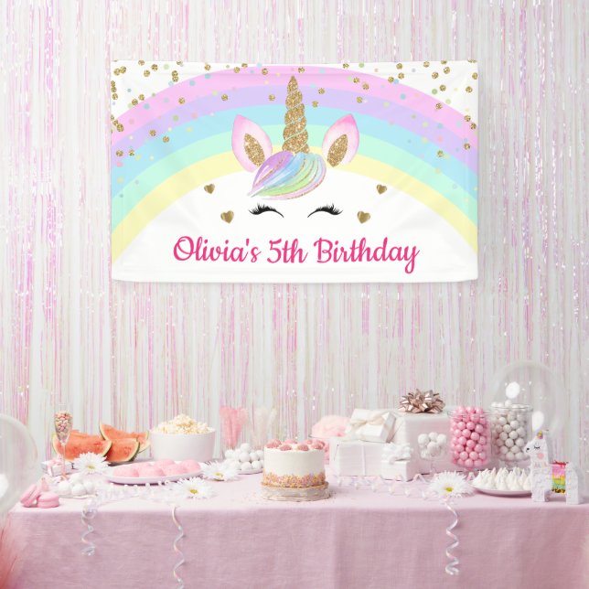 Rainbow Unicorn Gold Glitter Girl Birthday Banner (Party)