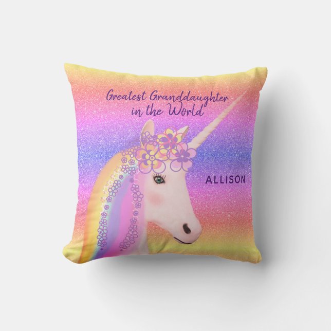 Rainbow Unicorn Greatest Granddaughter Custom Name Throw Pillow (Front)