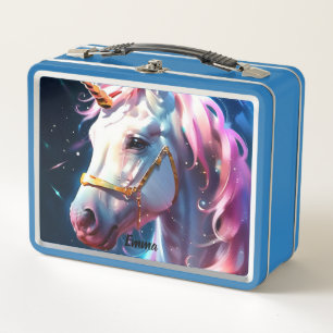 Rainbow Unicorn Head Custom Name Script Text Metal Lunch Box