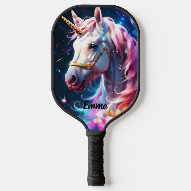 Rainbow Unicorn Head Custom Name Text Pickleball Paddle (Front)