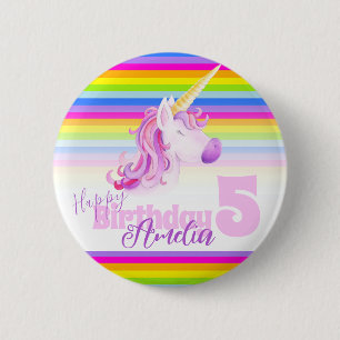 Rainbow unicorn head watercolor art age 5 button