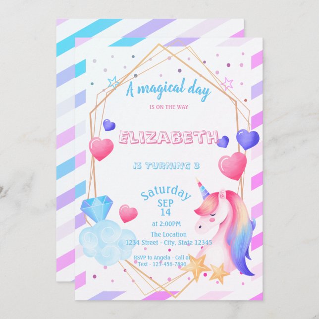 Rainbow Unicorn,Hearts, Striped Birthday Invitation (Front/Back)