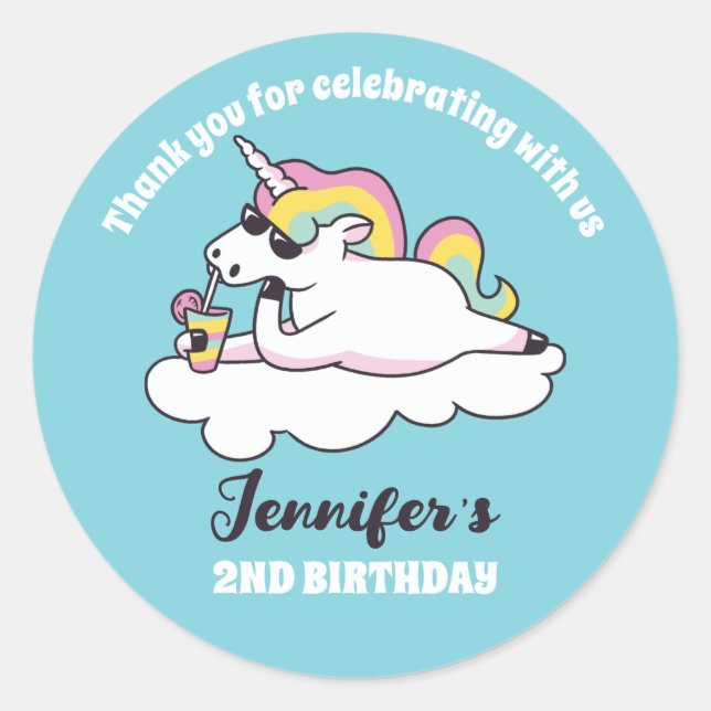 Rainbow Unicorn in Sunglasses Birthday Party Favou Classic Round Sticker (Front)