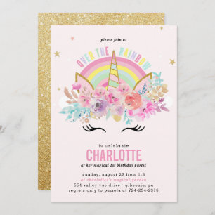 Rainbow Unicorn Invitation Anniversaire Pink Gold