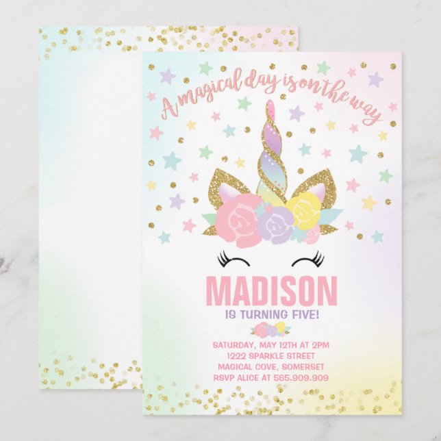 Rainbow Unicorn Invitation Anniversaire Pink Gold (Devant / Derrière)