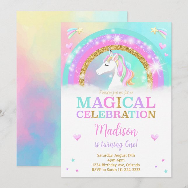 Rainbow Unicorn Invitation d'anniversaire (Devant / Derrière)