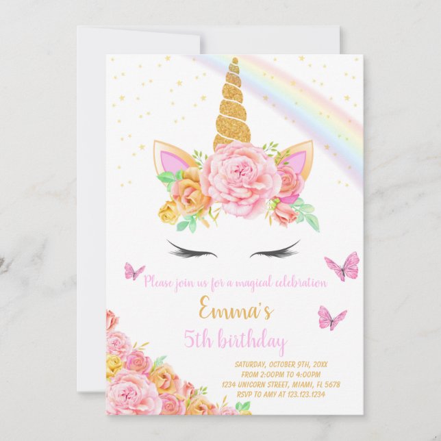 Rainbow Unicorn Invitation d'anniversaire (Devant)