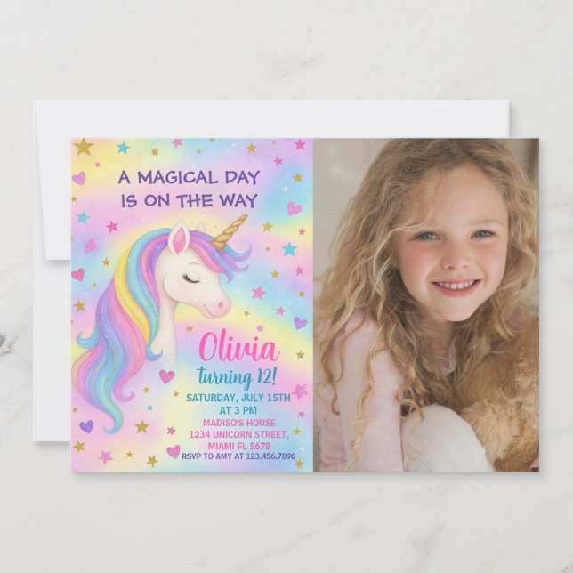 Rainbow Unicorn Invitation d'anniversaire (Devant)