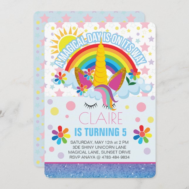 Rainbow Unicorn invitation d'anniversaire (Devant / Derrière)