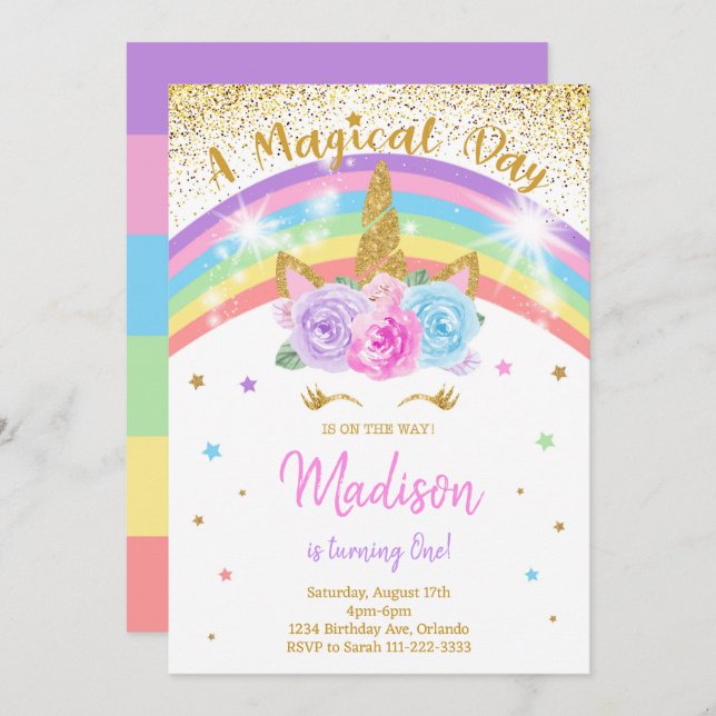 Rainbow Unicorn Invitation d'anniversaire (Devant / Derrière)