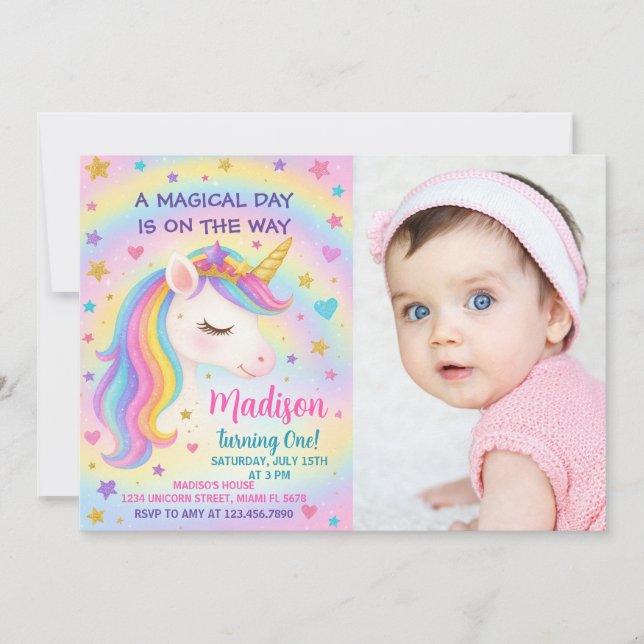 Rainbow Unicorn Invitation d'anniversaire (Devant)