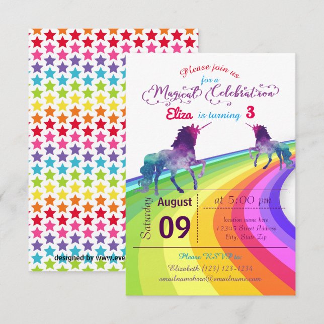Rainbow Unicorn - Invitation d'anniversaire 3x5 (Devant / Derrière)