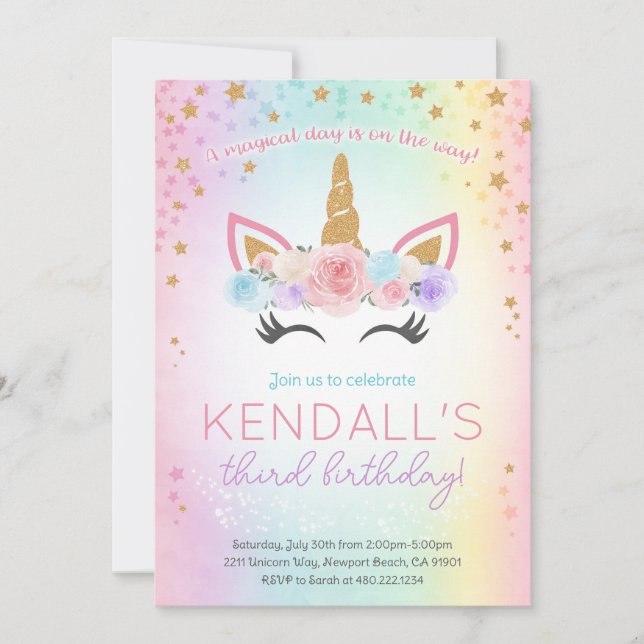 Rainbow Unicorn Invitation de fête d'anniversaire (Devant)