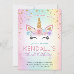 Rainbow Unicorn Invitation de fête d'anniversaire