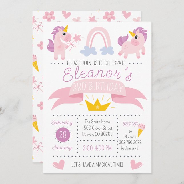Rainbow Unicorn Invitation de fête d'anniversaire (Devant / Derrière)