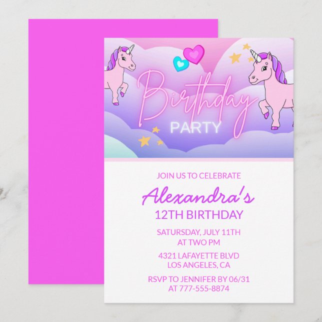 Rainbow Unicorn Invitations Anniversaire 12e Rose (Devant / Derrière)