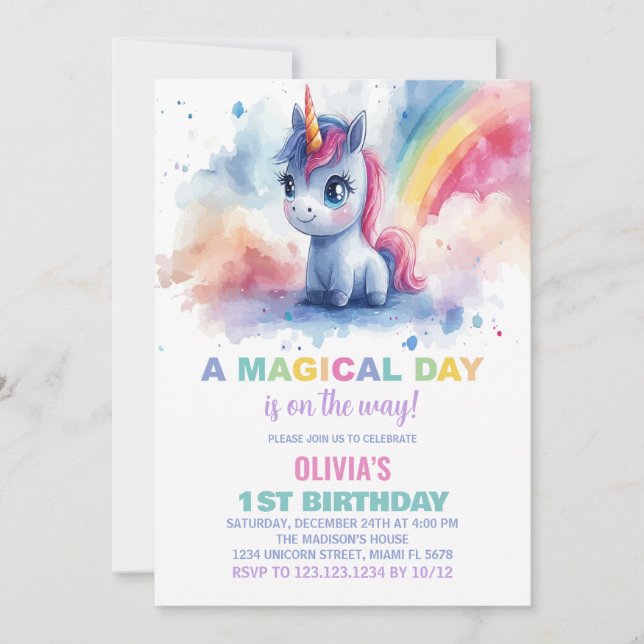 Rainbow Unicorn Invitations d'anniversaire (Devant)