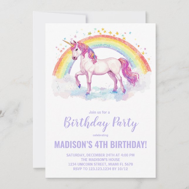 Rainbow Unicorn Invitations d'anniversaire (Devant)