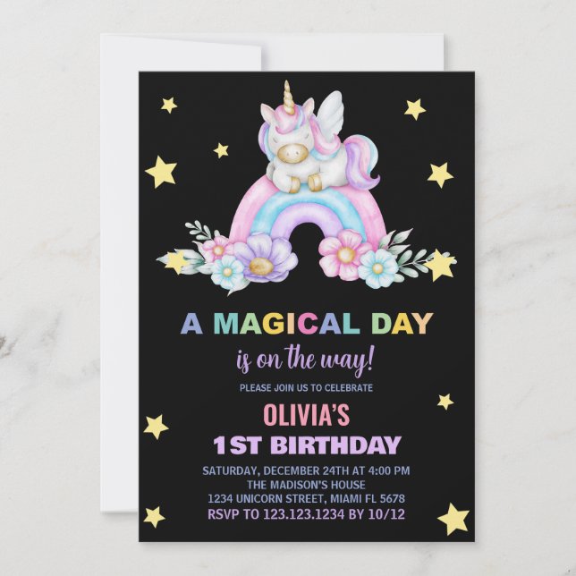 Rainbow Unicorn Invitations d'anniversaire (Devant)