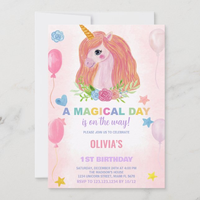 Rainbow Unicorn Invitations d'anniversaire (Devant)