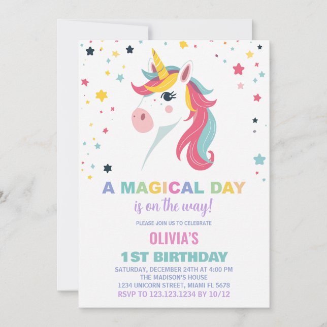 Rainbow Unicorn Invitations d'anniversaire (Devant)