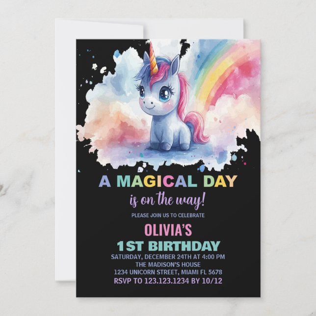 Rainbow Unicorn Invitations d'anniversaire (Devant)