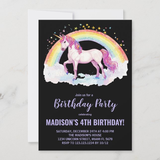Rainbow Unicorn Invitations d'anniversaire (Devant)