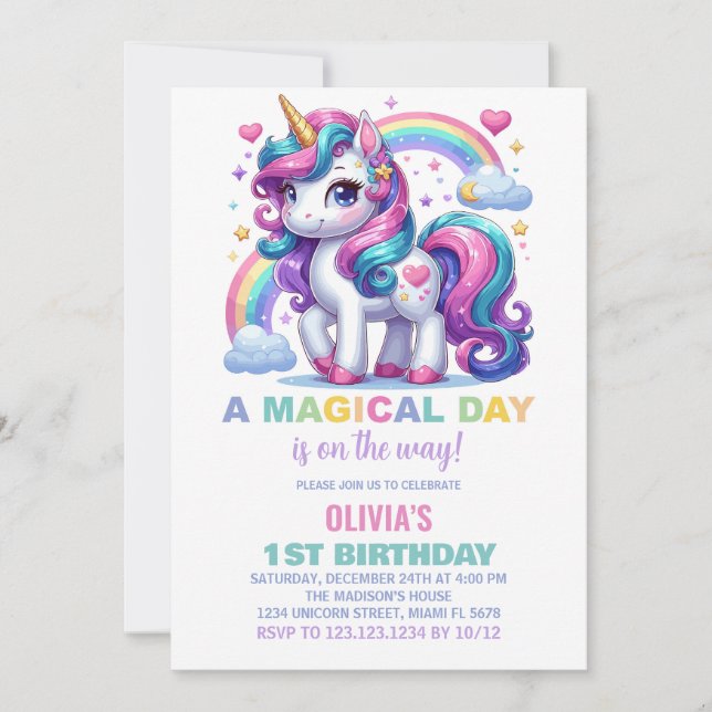 Rainbow Unicorn Invitations d'anniversaire (Devant)