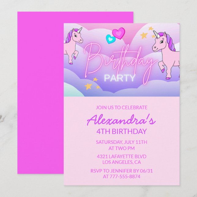 Rainbow Unicorn Invitations d'anniversaire 4th Gir (Devant / Derrière)