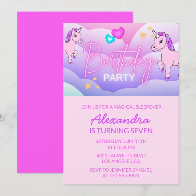 Rainbow Unicorn Invitations d'anniversaire 7e fill (Devant / Derrière)