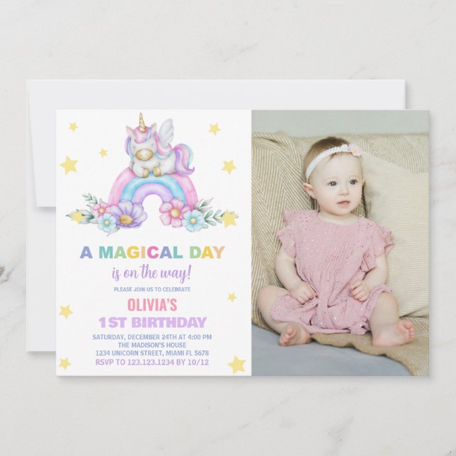 Rainbow Unicorn Invitations d'anniversaire avec ph (Devant)
