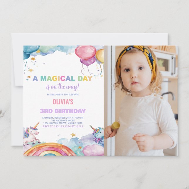 Rainbow Unicorn Invitations d'anniversaire avec ph (Devant)