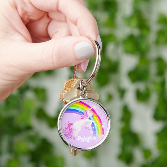 Rainbow unicorn jumping girls name  keychain (Hand)