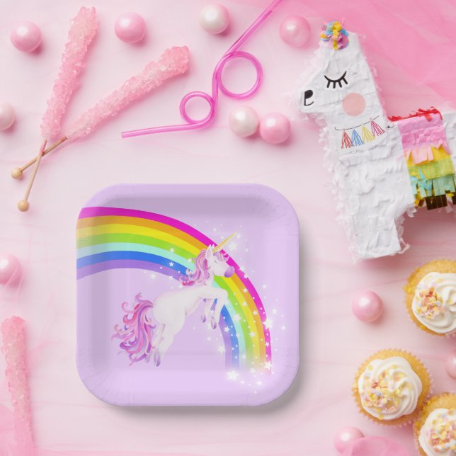 Rainbow unicorn jumping purple sky paper plate (Party)