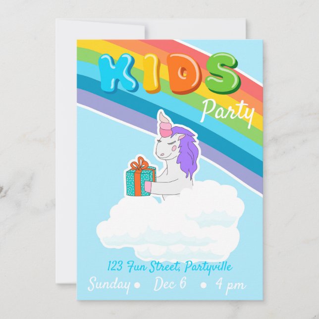 Rainbow Unicorn Kids Party Invitation (Front)