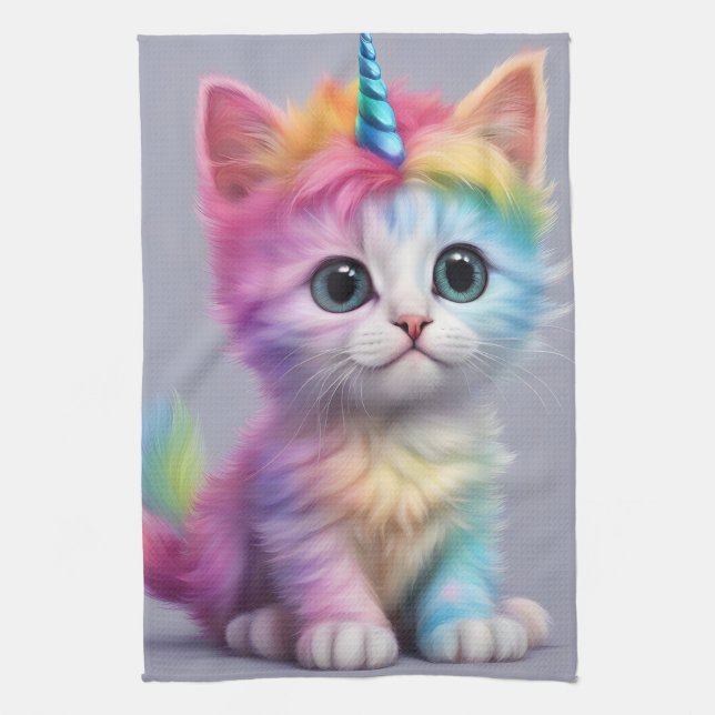 Rainbow Unicorn Kitten Kitchen Towel (Vertical)