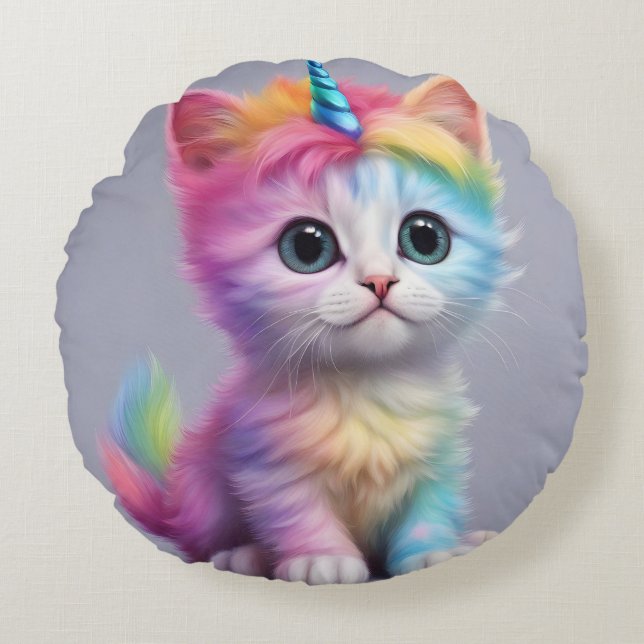 Rainbow Unicorn Kitten Round Pillow (Front)