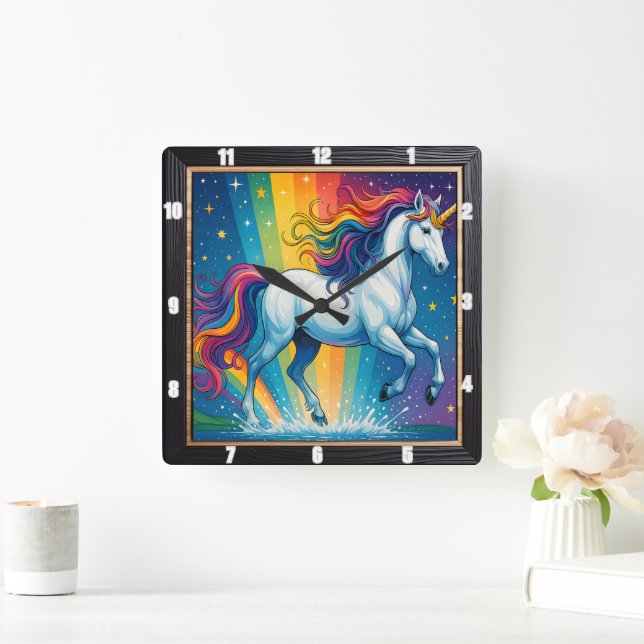  Rainbow Unicorn Magic Fantasy Square Wall Clock (Home)