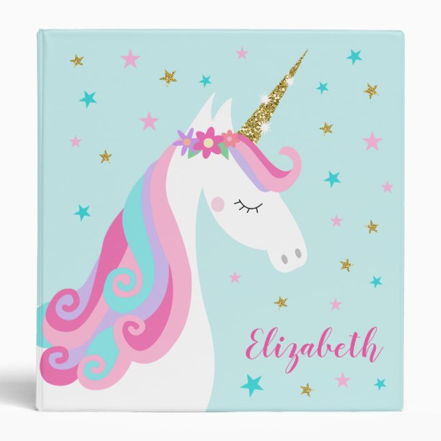 Rainbow Unicorn Magical Glitter Aqua Binder (Front)