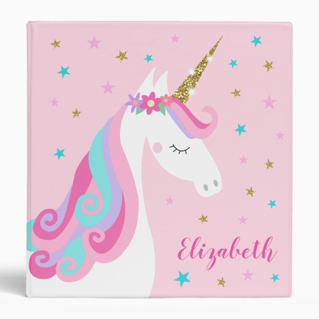 Rainbow Unicorn Magical Glitter Pink Binder (Front)