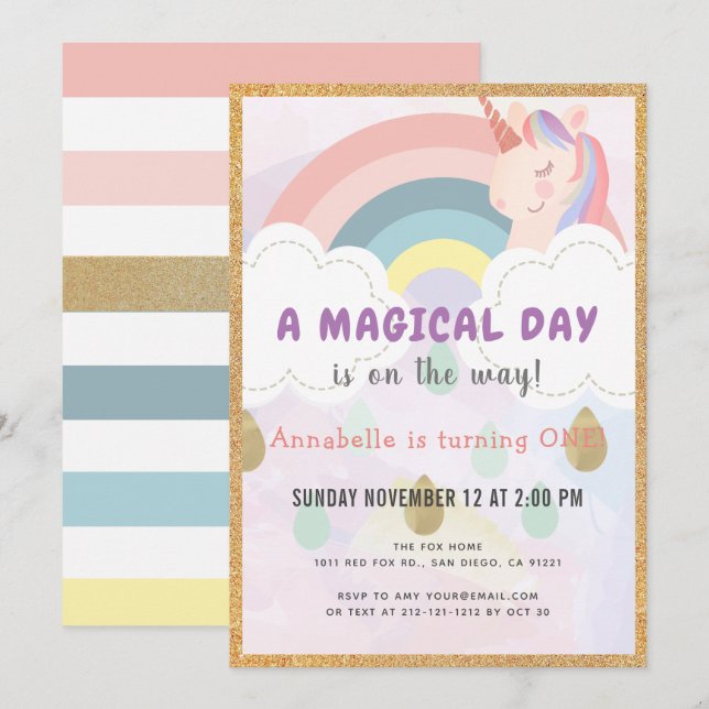 Rainbow & Unicorn Magical Gold Birthday Invitation (Front/Back)