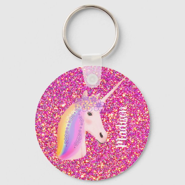 Rainbow Unicorn Magical Pink Glitter Personalized Keychain (Front)