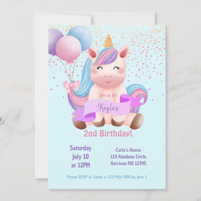 Rainbow Unicorn Magical Second Birthday Invitation (Front)