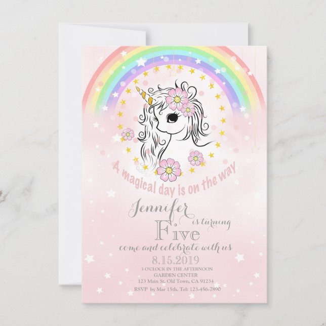 Rainbow Unicorn Magique or rose carte d'anniversai (Devant)