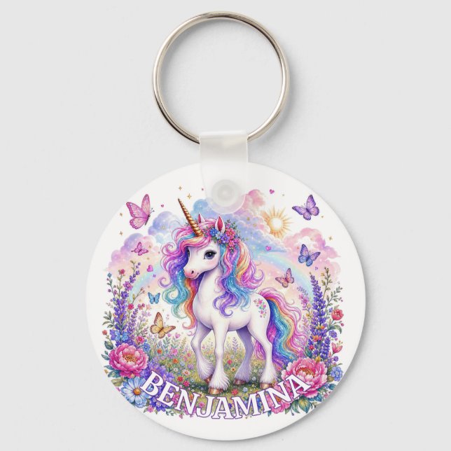 Rainbow Unicorn Name Charm Magical Pastel Fantasy  Keychain (Front)