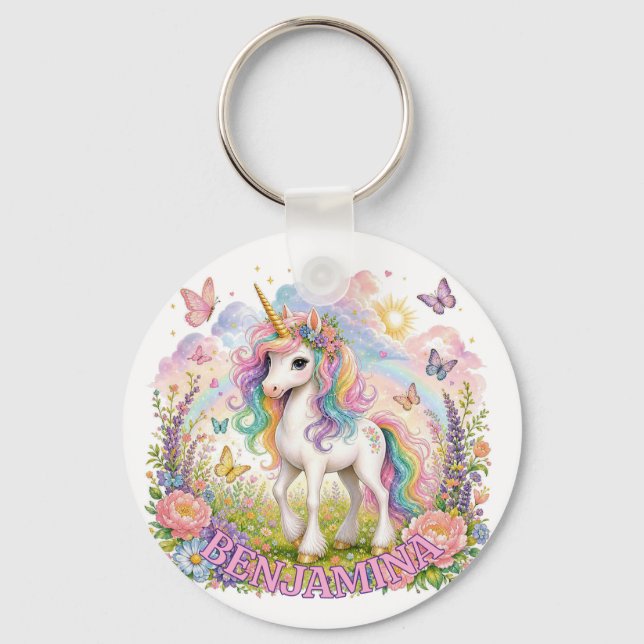 Rainbow Unicorn Name Charm Magical Pink Fantasy  Keychain (Front)