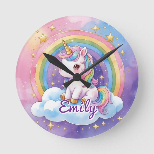 Rainbow Unicorn on Cloud Editable Name Clock (Front)
